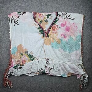 Z&L Poncho Top Womens Medium White Floral Pom Pom Trim Boho Festival Cottagecore